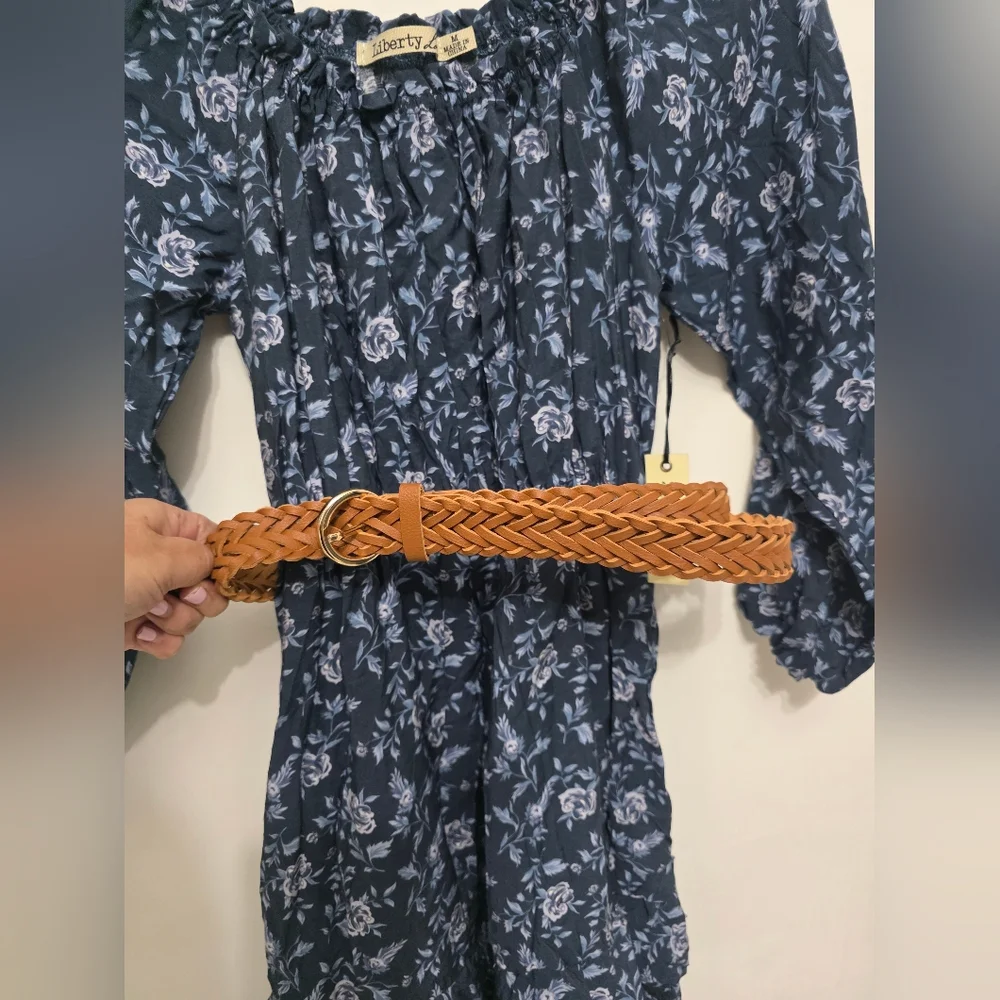 Liberty Love Floral Print Off Shoulder Tiered Casual Dress Braid Belt Size M